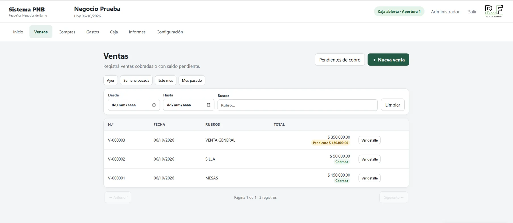 Listado de ventas con operaciones cobradas y pendientes